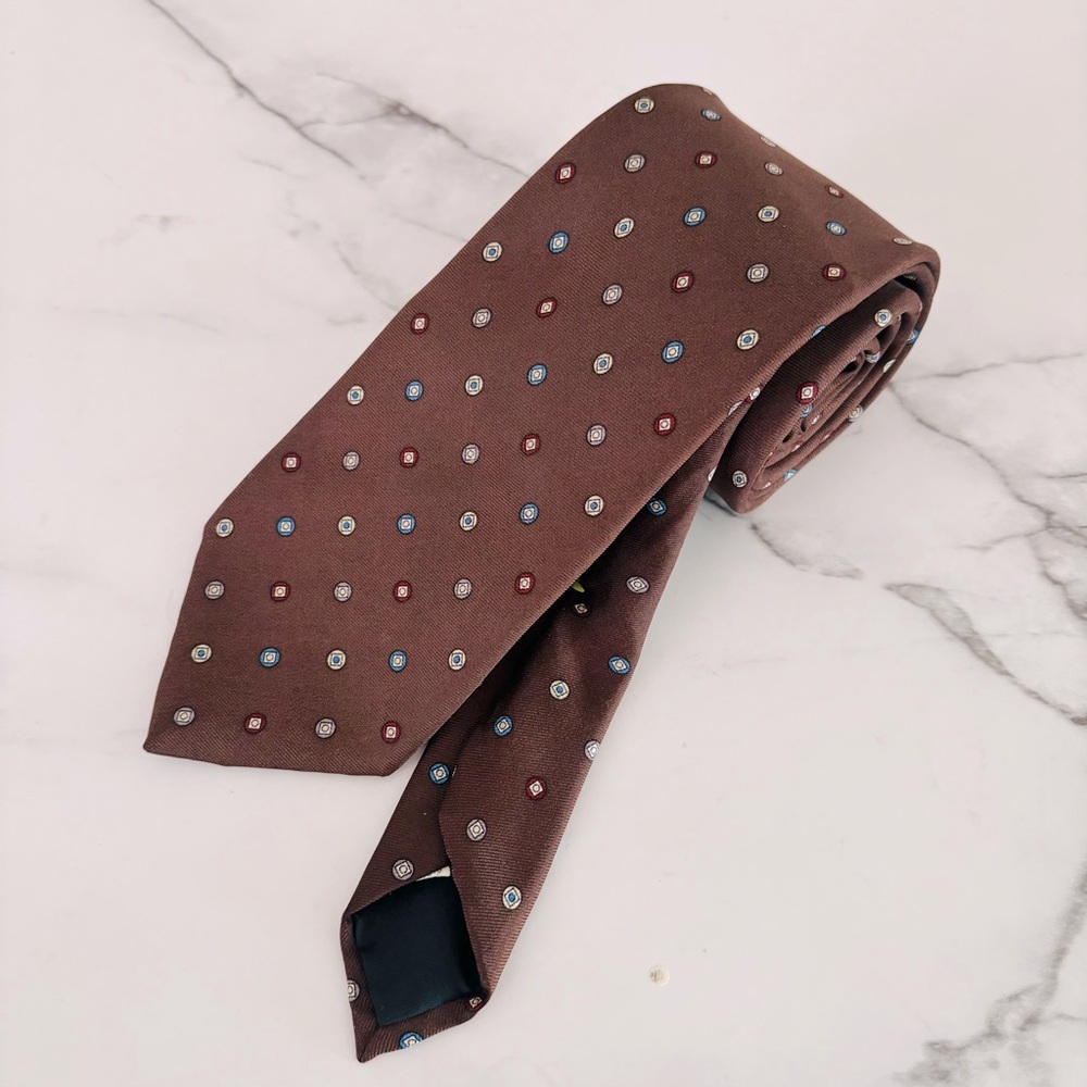 Oscar de la Renta‎ Brown Men’s Tie with Multicolor Geometric Print Dots